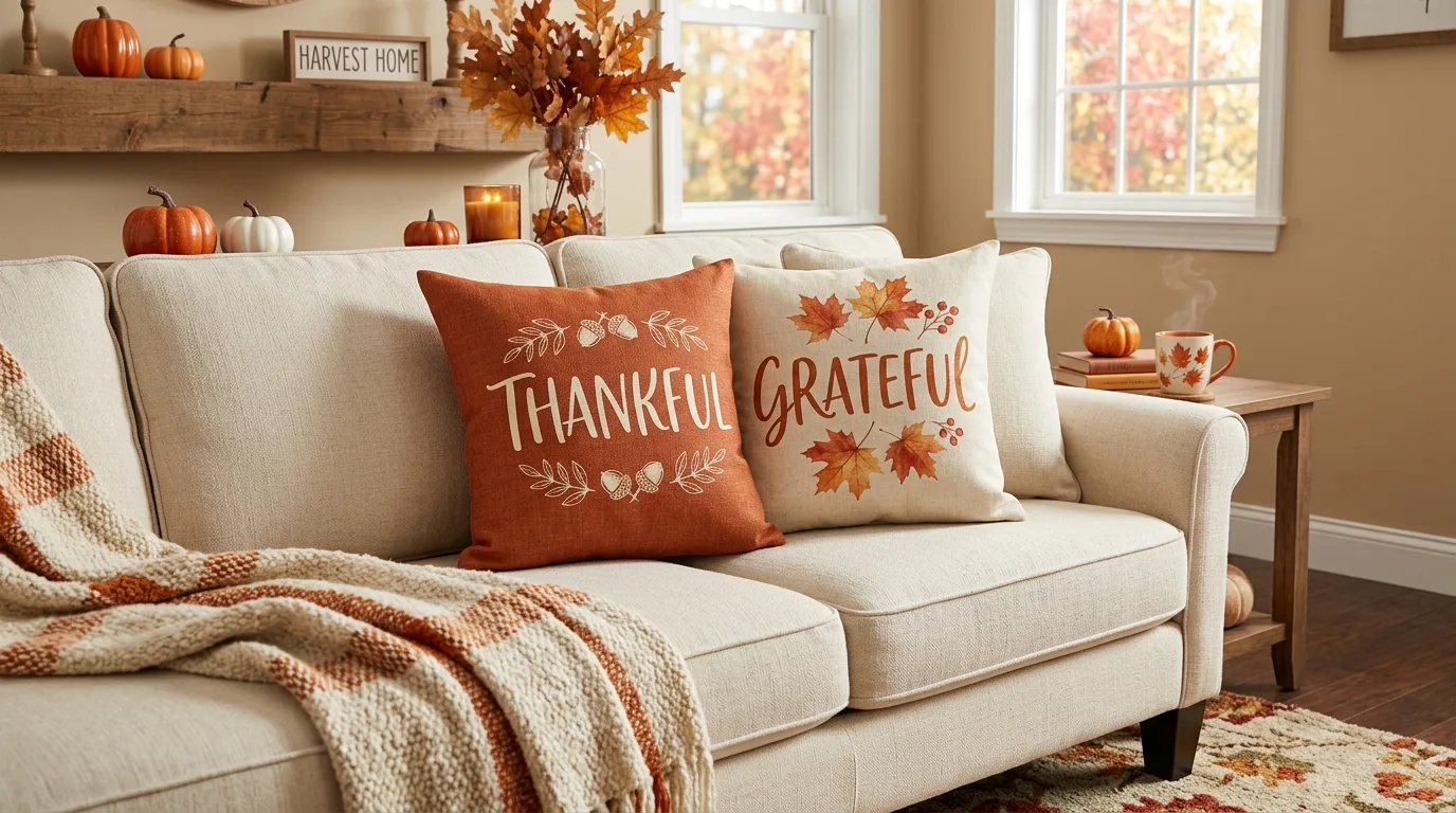 Thankful and grateful text pillows on a couch
